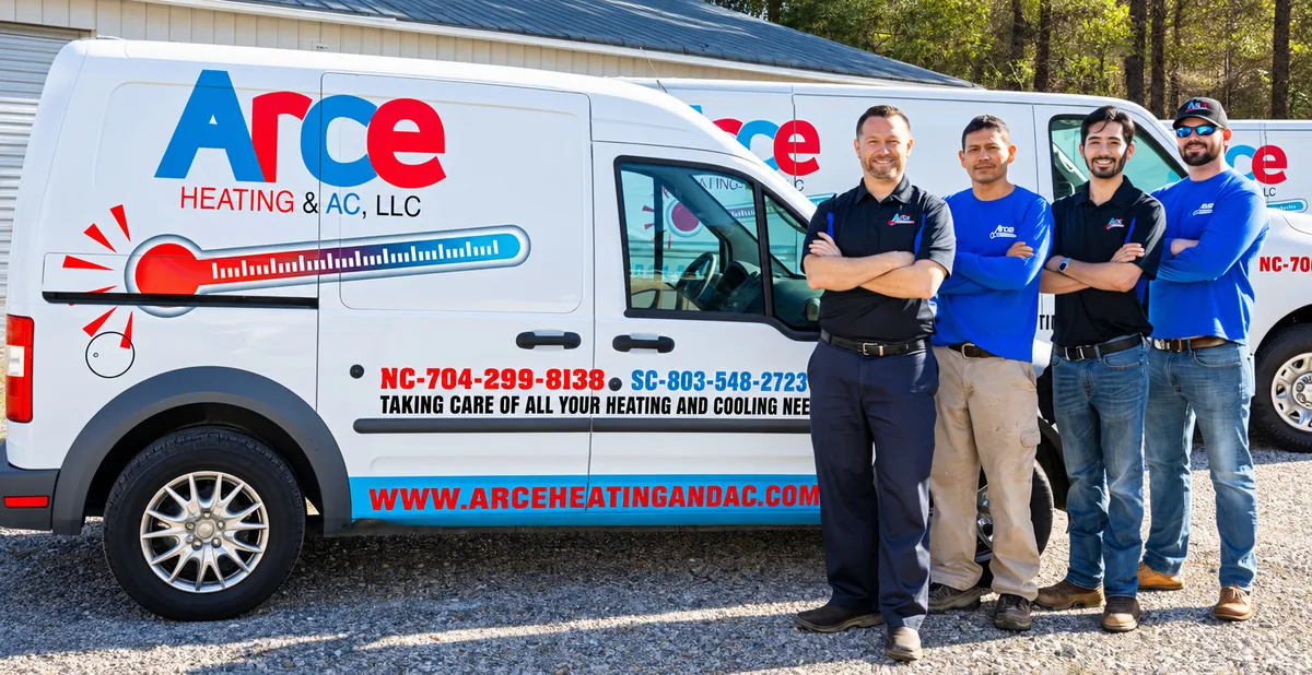 The RC Heating & AC team standing together with their arms crossed in front of company vans, shown with the former Arce Heating & AC branding